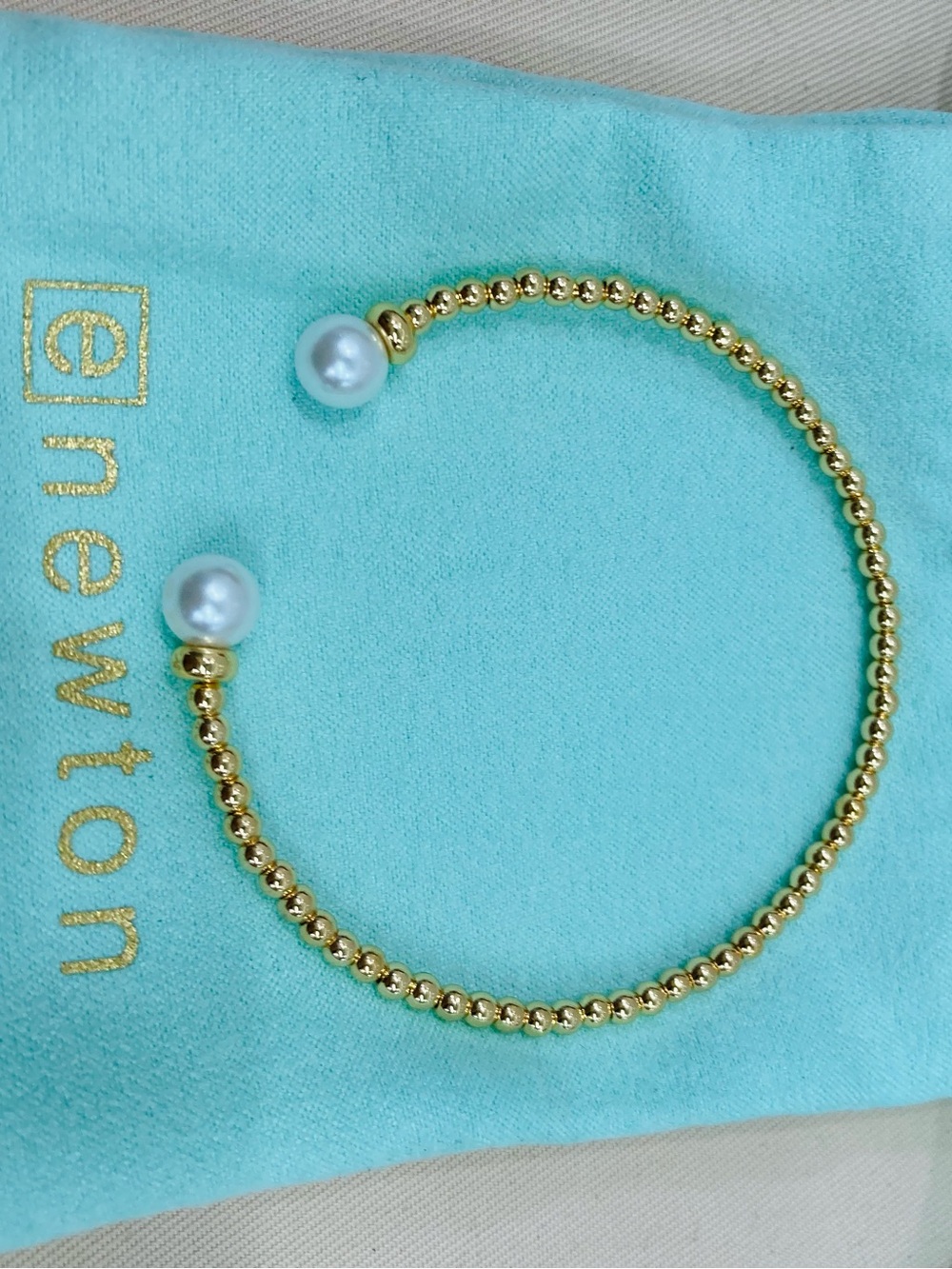 Enewton Gold Beaded Open Cuff Bracelet with White Pearl Endcaps